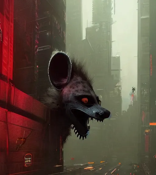 Image similar to new york city portrait of furry anthro anthropomorphic spotted hyena head animal person fursona wearing clothes strange cybernetic muzzle gloomy rainy screenshot from the video game cyberpunk 2077 digital art by Greg Rutkowski, Simon Stalenhag, christopher nolan trending on Artstation, CGSociety