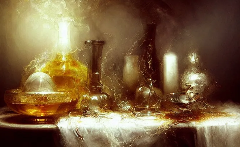 Image similar to alchemy still life amazing composition. by artstation trending, by joseph mallord william turner, luis royo, konstantin razumov, cinematic lighting, fractal flame, highly detailed