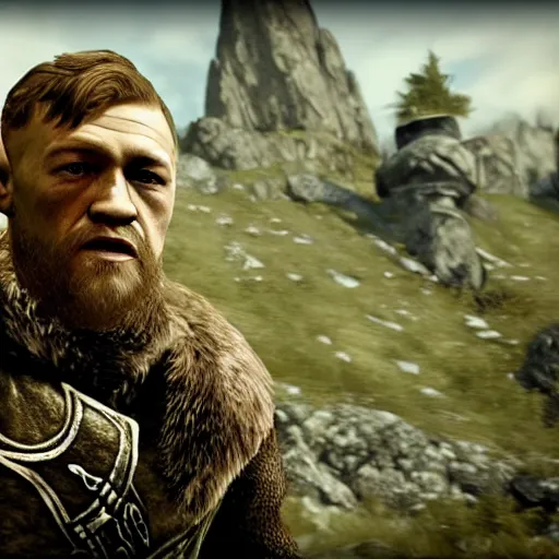 Prompt: attacking screenshot of conor mcgregor in skyrim, elf armor, ps 3 graphics, npc talking, wilderness, 1 0 8 0 p, bokeh, elder scrolls v, detailed, dialog text