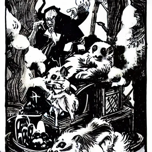 Prompt: A ferret. Dark Fantasy, Film Noir, Black and White. High Contrast, Mike Mignola, D&D, OSR.