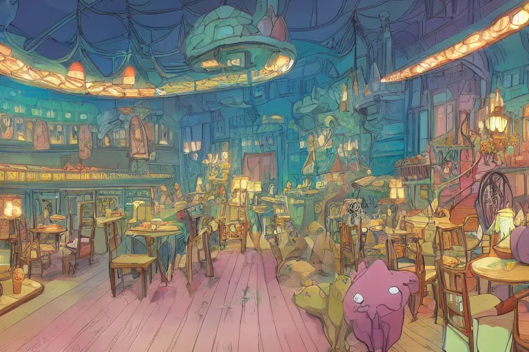 Image similar to interior wide angle shot of a fantasy cabaret in the style of studio ghibli and makoto shinkai, clean lines