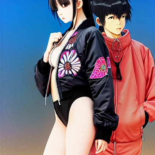 Image similar to a beautiful japanese lalisa alluring gravure model, wearing oversized designer bomber jacket and leotard, bulky poofy bomber jacket with mesoamerican patterns, mesoamerican native street fashion, gapmoe yandere grimdark, trending on pixiv fanbox, painted by greg rutkowski makoto shinkai takashi takeuchi studio ghibli, akihiko yoshida