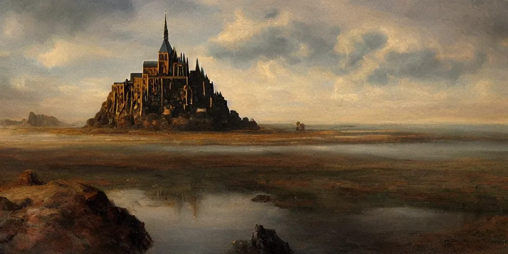 Image similar to oil painting portraying mont saint michel in the style of romanticism landscape painters,beautiful,mist,evocative