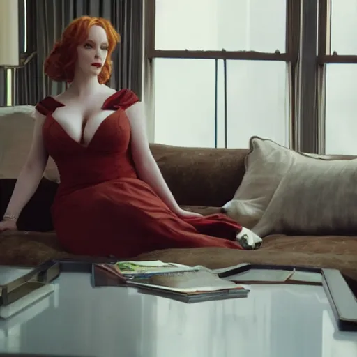 Image similar to a very surprised looking beautiful Christina Hendricks r in the living room, film still from the movie directed by Denis Villeneuve , wide lens