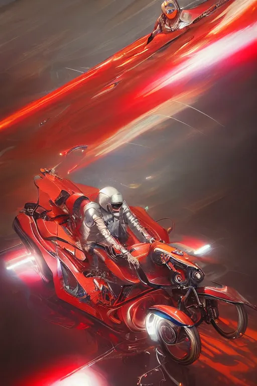 Image similar to Speed Racer, realistic and ultra intricate detailed soft painting, volumetric lighting, mist, chains and red fluid background, artstation, Tom Bagshaw Yasushi Nirasawa Moebius artstyle, unreal render, depth of field