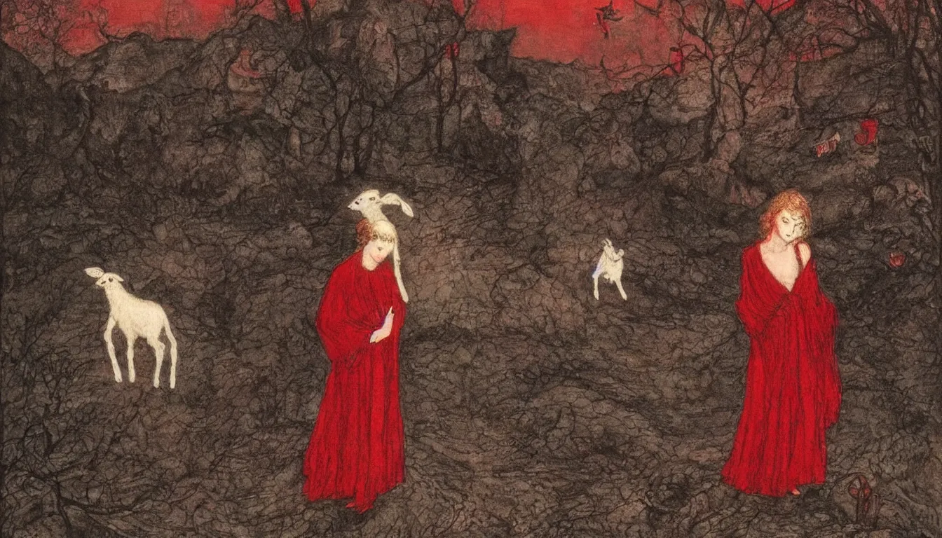 Prompt: a lamb wearing heavy red robes by ida rentoul outhwaite, deep crimson and dark shadows, foggy background, ambient glow, horror scene