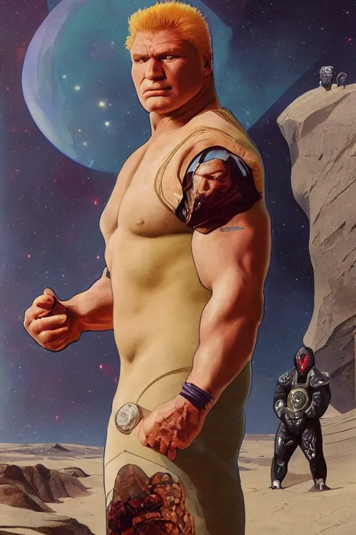 Image similar to upper body portrait of an older brock lesnar wearing a scifi dune stillsuit, nebula in the background, illustration by normal rockwell and greg rutkowski and alphonse mucha