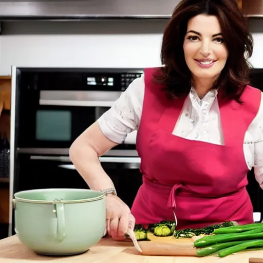 Prompt: nigella lawson cooking a meal in the kitchen