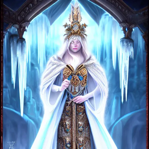 Prompt: beautiful ice queen in ornate robes, highly detailed, 8 k, hdr, award - winning, trending on artstation, anne stokes, photorealistic