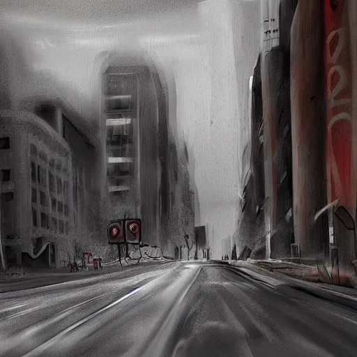 Prompt: impending disaster on an empty street, tense atmosphere, dark shadows, digital painting, sharp lines