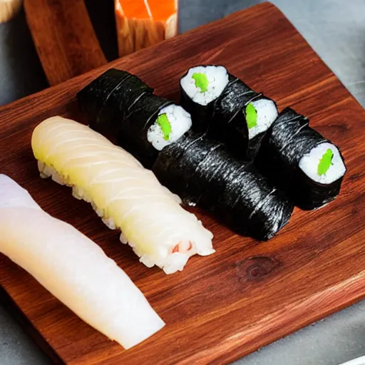 Prompt: various nigiri on a wooden board, sushi galore, food photography