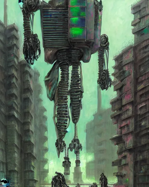 Image similar to hyperrealistic exoskeleton mecha iridescent pink brutalist city ruins background concept art santiago caruso de chirico sharp very dramatic green light 8k low angle shallow depth of field