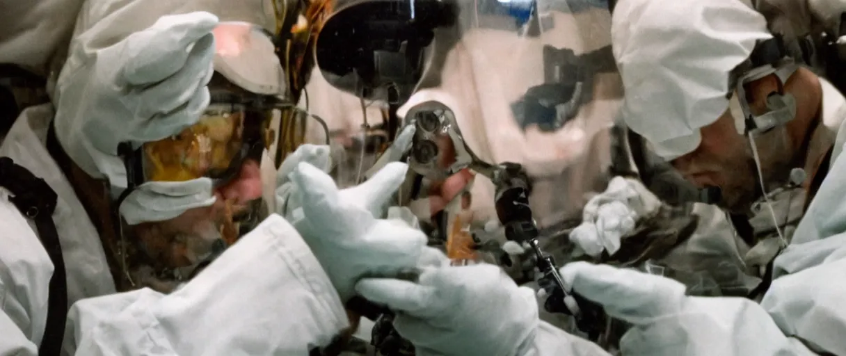 Image similar to filmic extreme close up shot movie still 4 k uhd interior 3 5 mm film color photograph of a scientist putting his hands into the mouth of a camouflaged solder in a lab in antarctica