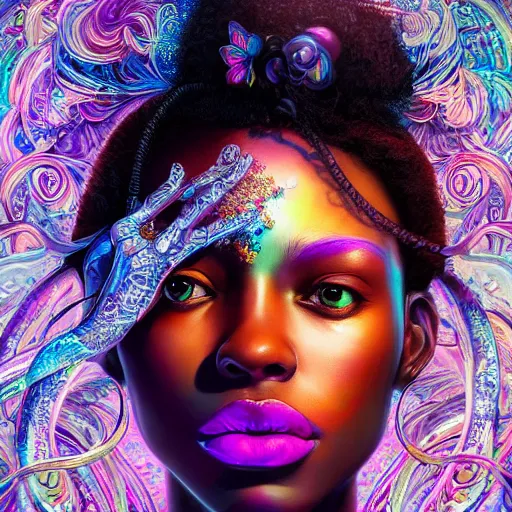 Prompt: the portrait of the absurdly beautiful, graceful, elegant, gorgeous, sensual black young goddess made of rainbow crystals, an ultrafine hyperdetailed illustration by kim jung gi, irakli nadar, detailed faces, intricate linework, bright colors, octopath traveler, final fantasy, unreal engine 5 highly rendered, global illumination, radiant light, intricate environment