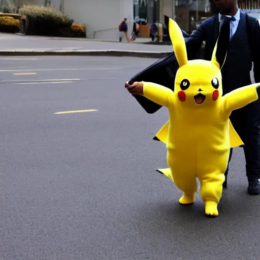 Image similar to A photograph of a man going to work in a pikachu suit