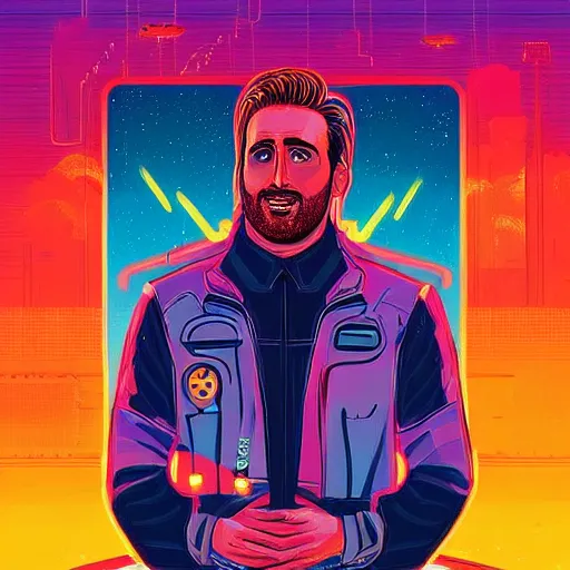 Image similar to a portrait of a Rayan Gosling with thunders in the sky in a future cybernetic city, outrun style and colours, trending on arstation, by dan mumford, by ross tran