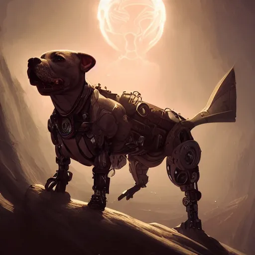 Prompt: an amazing portrait of a cute mad cyborg pitbull. intricate, epic lighting, cinematic composition, hyper realistic, 8 k resolution, unreal engine 5, by artgerm, tooth wu, dan mumford, beeple, wlop, rossdraws, james jean, marc simonetti, artstation