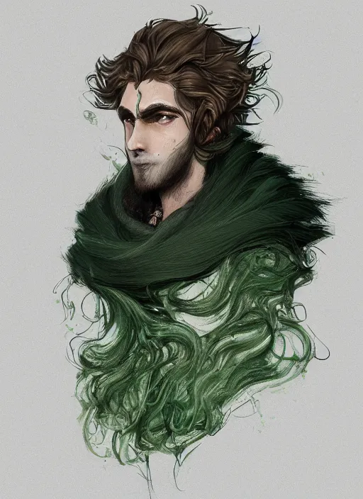 Image similar to a highly detailed illustration of young thick wavy messy haired guy wearing green face mask and brown noir coat, dramatic bored expression, intricate, elegant, highly detailed, centered, digital painting, artstation, concept art, smooth, sharp focus, league of legends concept art, wlop