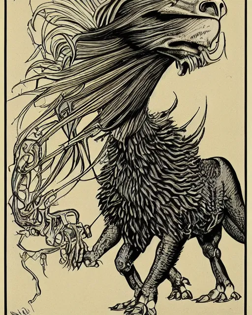 Image similar to a creature with the body and eyes of a man, with the beak of an eagle, the mane of a lion, and the horn of a bull. drawn by moebius