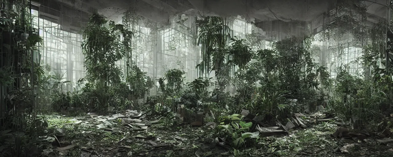 Image similar to An abandoned overgrow hazy laboratory with monstera plants, detailed, 4k, moody atmosphere,octane render, sharp focus,