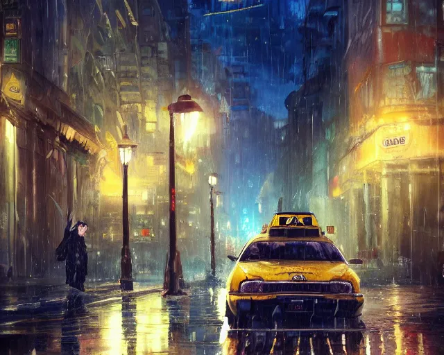 Prompt: a taxi cab driving down a rainy road, gaslight, street lamps. Anime, By Makoto Shinkai, Stanley Artgerm Lau, WLOP, Rossdraws, James Jean, Andrei Riabovitchev, Marc Simonetti, krenz cushart, Sakimichan, trending on ArtStation, digital art.