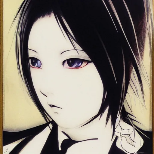 Image similar to Yoshitaka Amano realistic illustration of an anime girl with short white hair and black eyes wearing tuxedo, abstract black and white background, film grain effect, highly detailed, Renaissance oil painting