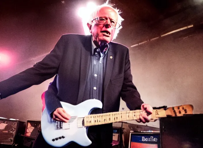 Image similar to publicity photo still of bernie sanders in a punk band playing live on stage, 8 k, live concert lighting, mid shot