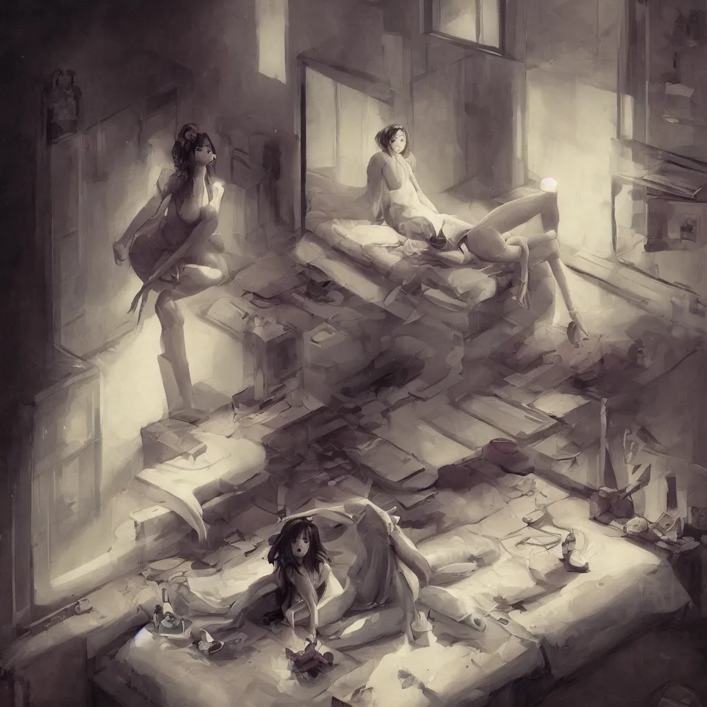 Prompt: famous japanese actress girl seeing the shadow of her desires on the bed of abandoned nightmare house with a light from a window projecting her secret dreams in negative space, painting by Peter Mohrbacher, style of James Jean, Edward Hopper, Francis Bacon, colors of Mark Rothko, Frank Auerbach, trending on artstation, Greg Rutkowski, dark atmosphere