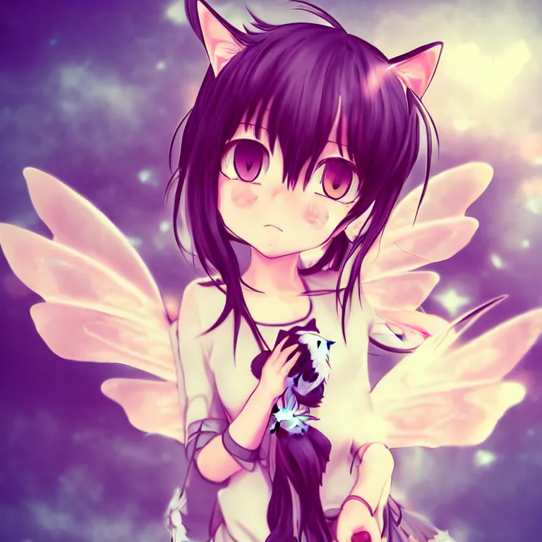 Image similar to cute, full body, female, anime style, a cat girl with fairy wings, large eyes, beautiful lighting, sharp focus, simple background, creative, heart effects, filters applied