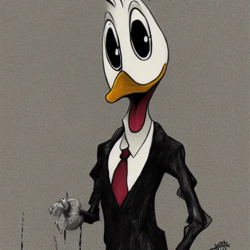 Image similar to michael karcz grunge drawing of donald duck. , in the style of corpse bride, loony toons style, horror themed, detailed, elegant, intricate, trending on artstation, 4k