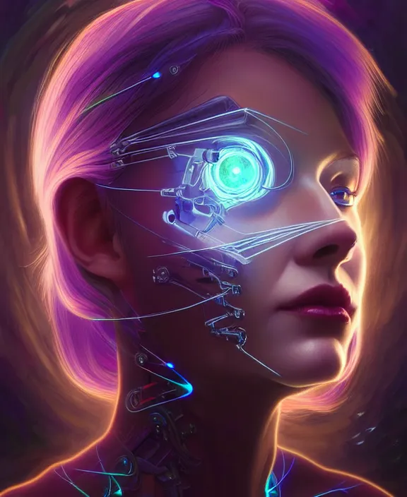 Image similar to a whirlwind of souls rushing inside the metaverse, hologram, half body, neurochip, shaved temple, piercing, jewelry, android, cyborg, cyberpunk face, by loish, d & d, fantasy, intricate, elegant, highly detailed, colorful, digital painting, artstation, concept art, art by artgerm and greg rutkowski and alphonse mucha