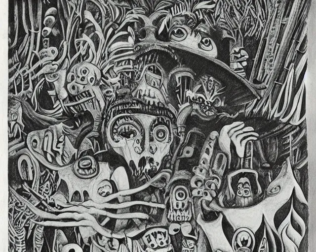 Prompt: surreal b & w nightmarish garden las pozas, mayan jaguar warrior, artwork by ralph bakshi and diego rivera, crayon and cut up, punk fanzine 1 9 6 7