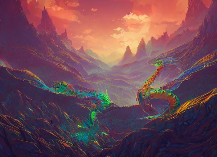 Prompt: psychedelic concept art painting of a dragon landscape made of thousands of dragons, cel shaded, in the style of makoto shinkai and moebius and peter mohrbacher and anton fadeev