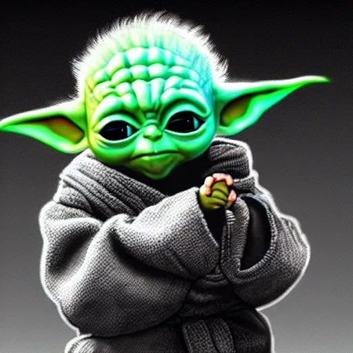 Image similar to digital illustion of baby yoda dressed like a thug and flipping off the camera, deviantArt, artstation, artstation hq, hd, 4k resolution