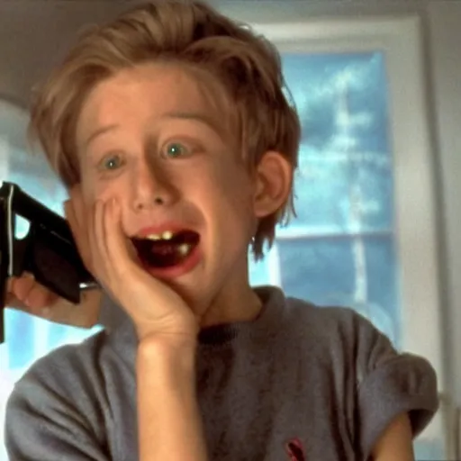 Image similar to kevin from home alone movie pointing gun at his head 4k still shot from