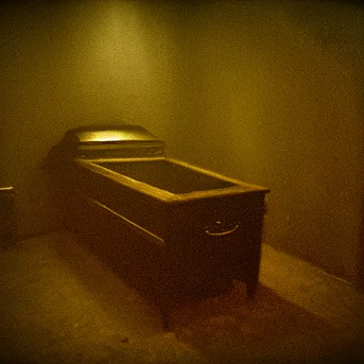 Prompt: insane nightmare, no light, everything is blurred, creepy shadows, black coffin in the room, very poor quality of photography, 2 mpx quality, grainy picture