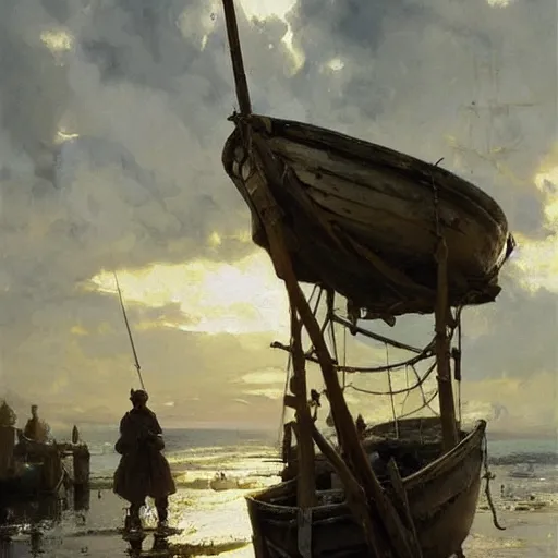 Image similar to scientific oil painting of fishing village by anders zorn, wonderful art by greg rutkowski, incredible lighting, shadows, beautiful cinematic light