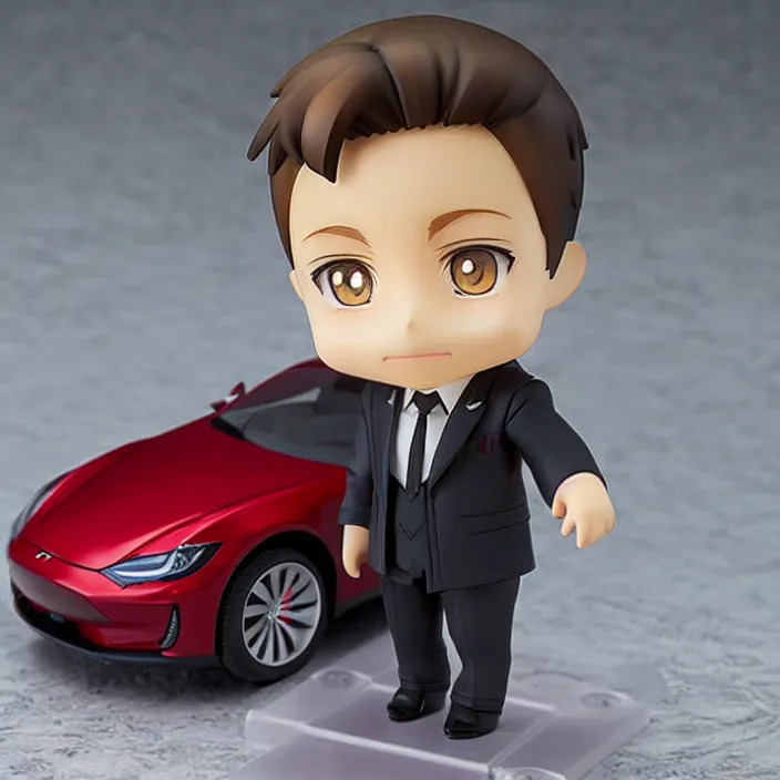 Prompt: a anime nendoroid of elon musk wear giorgio armani suits and black shoe, car tesla 3, figurine, product photo, detailed