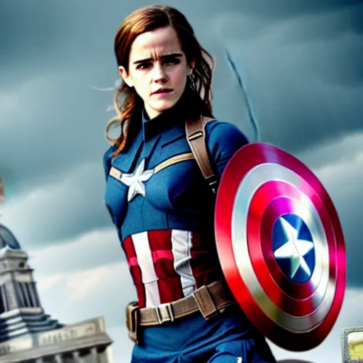 Prompt: A still of Emma Watson as captain America movie