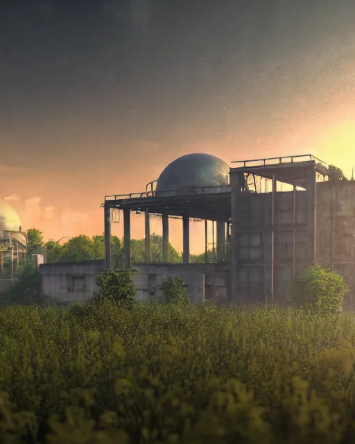 Prompt: a beautiful photorealistic render of urbex urbex industrial architecture by eugene boudin, futuristic otherworldly vaporwave darkacademia alien nature sunset biopunk meadow flowers lake, archdaily, wallpaper, highly detailed, trending on artstation.