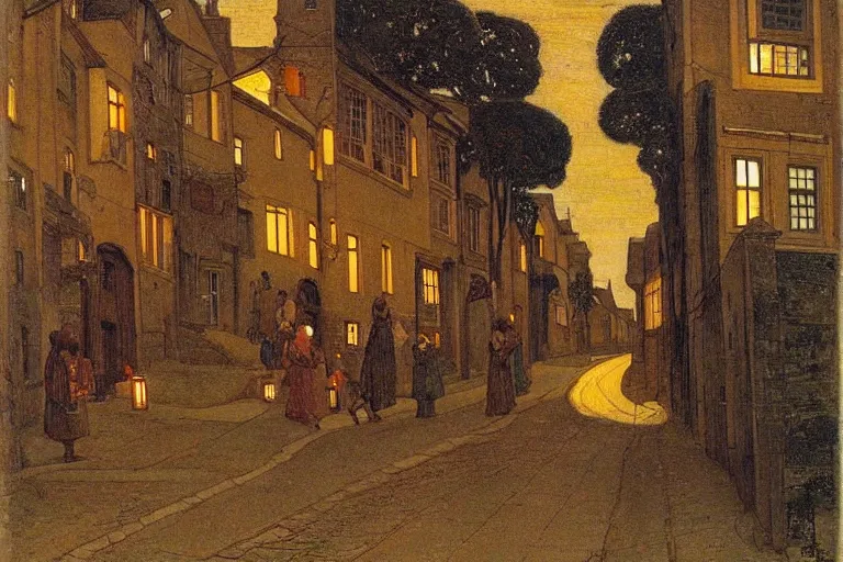 Image similar to winding street at midnight in a very old very beautiful city by ford madox brown and Nicholas Roerich and William Dyce, glowing paper lanterns, strong dramatic cinematic lighting , ornate tiled architecture, lost civilizations, smooth, sharp focus, extremely detailed