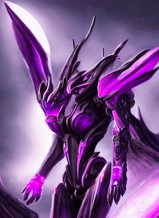 Image similar to cinematic goddess close shot, cosmic size beautiful stunning elegant hot giant robot mecha female dragon, sharp cyborg dragon head, metal ears, led glowing purple eyes, smooth fuschia skin, smooth silver armor, in space, epic proportions, macro, epic size, epic scale, furry art, dragon art, giantess art, warframe fanart, furaffinity, octane