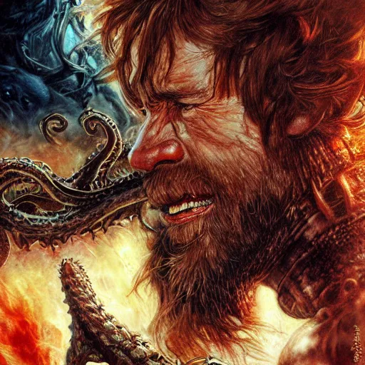 Image similar to uhd photorealistic detailed image of chuck norris defeating lovecraftian cthulhu by ayami kojima, amano, karol bak, correct face