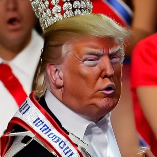 Image similar to Donald Trump losing a beauty pageant and looking sad, wiping away a tear