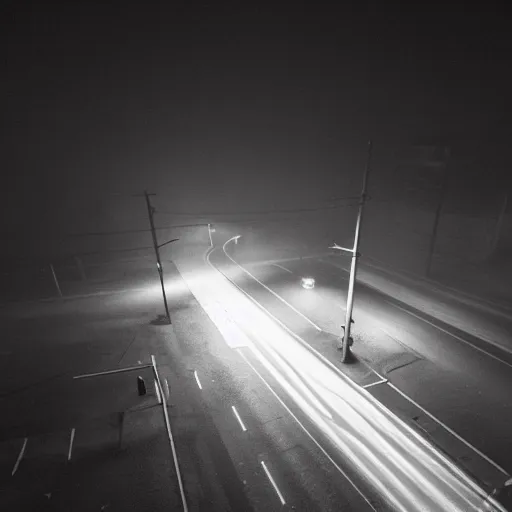 Image similar to A stunningly beautiful award-winning 8K high angle cinematic movie photograph of a foggy intersection in an abandoned 1950s small town at night, by Edward Hopper and David Fincher, cinematic lighting, perfect composition, moody low key volumetric light. Looking down, perspective, shot from above, 3 point perspective, from rooftop