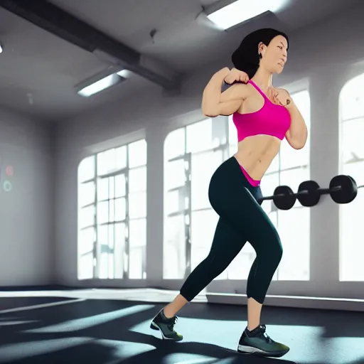 Image similar to still of woman working out, disney, comic book style, gym, highly detailed, 16k resolution, octane renderer, coherent