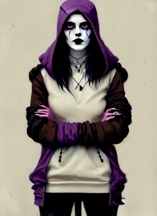 Prompt: highly detailed portrait of a goth young woman with black lips and pronounced chest, tartan hoody, photographic realistic background, ringlet hair by atey ghailan, by greg rutkowski, by greg tocchini, by james gilleard, by joe fenton, by kaethe butcher, gradient purple, cream and white color scheme, trending in instagram, award winning details