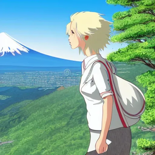 Prompt: a beautiful blond silver hair young woman walking up Mount Fuji in the style of studio ghibli