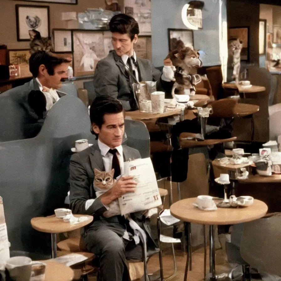 Prompt: special agent dale cooper at a cat cafe, twin peaks, television 1980s