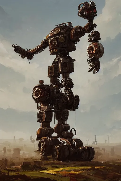 Image similar to giant dieselpunk robot stands on a hill above a small town, highly detailed, digital painting, artstation, concept art, smooth, clear focus, illustrations, works by Jakub Rozalski,